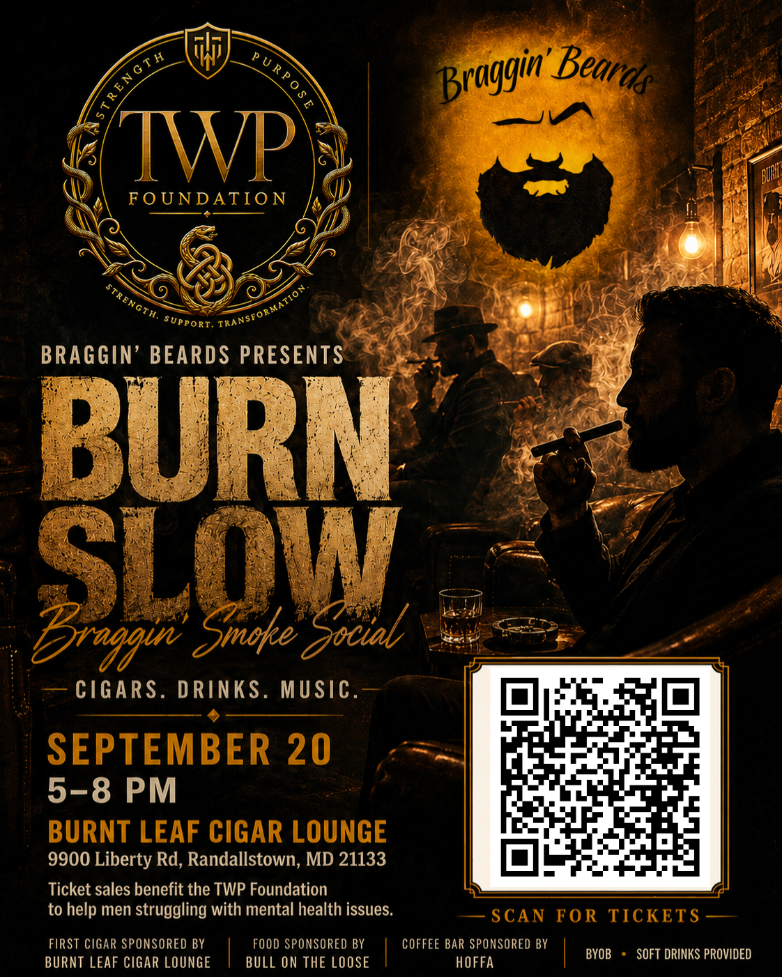 Event flyer for Burn Slow: Braggin’ Smoke Social at Burnt Leaf Cigar Lounge — 9900 Liberty Road, Randallstown, MD 21133