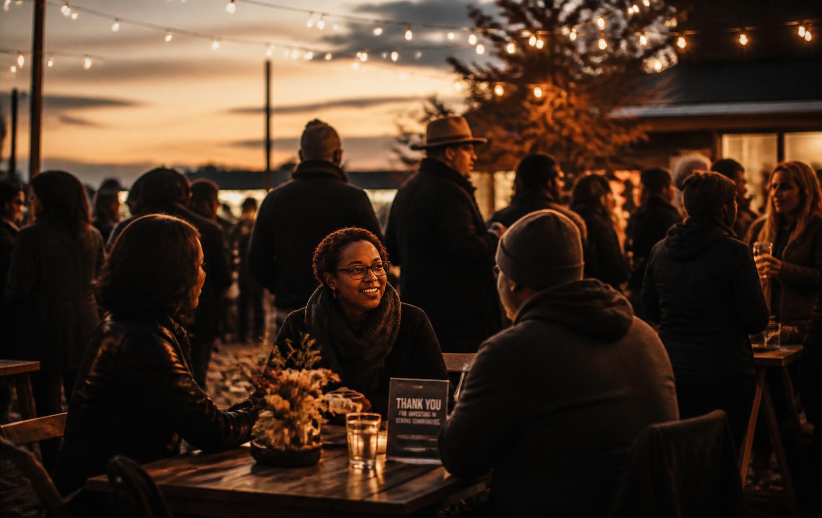 Community members gathered around string-lit tables at a TWP Foundation event