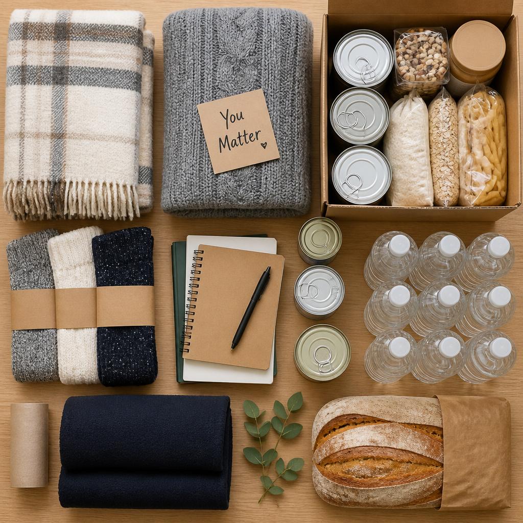 Neatly organized care package supplies: blankets, food, water, and notebooks