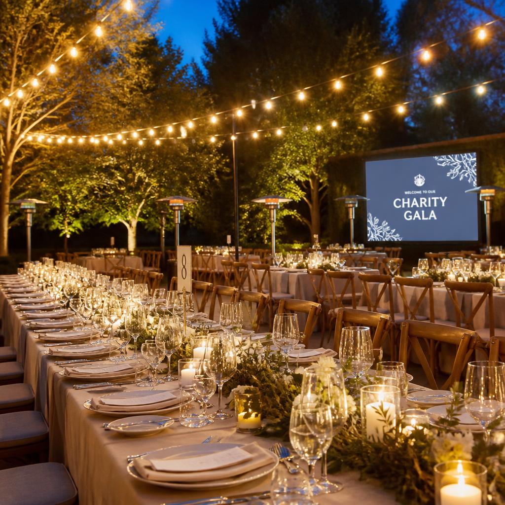 Outdoor charity gala tables set under warm string lights at dusk