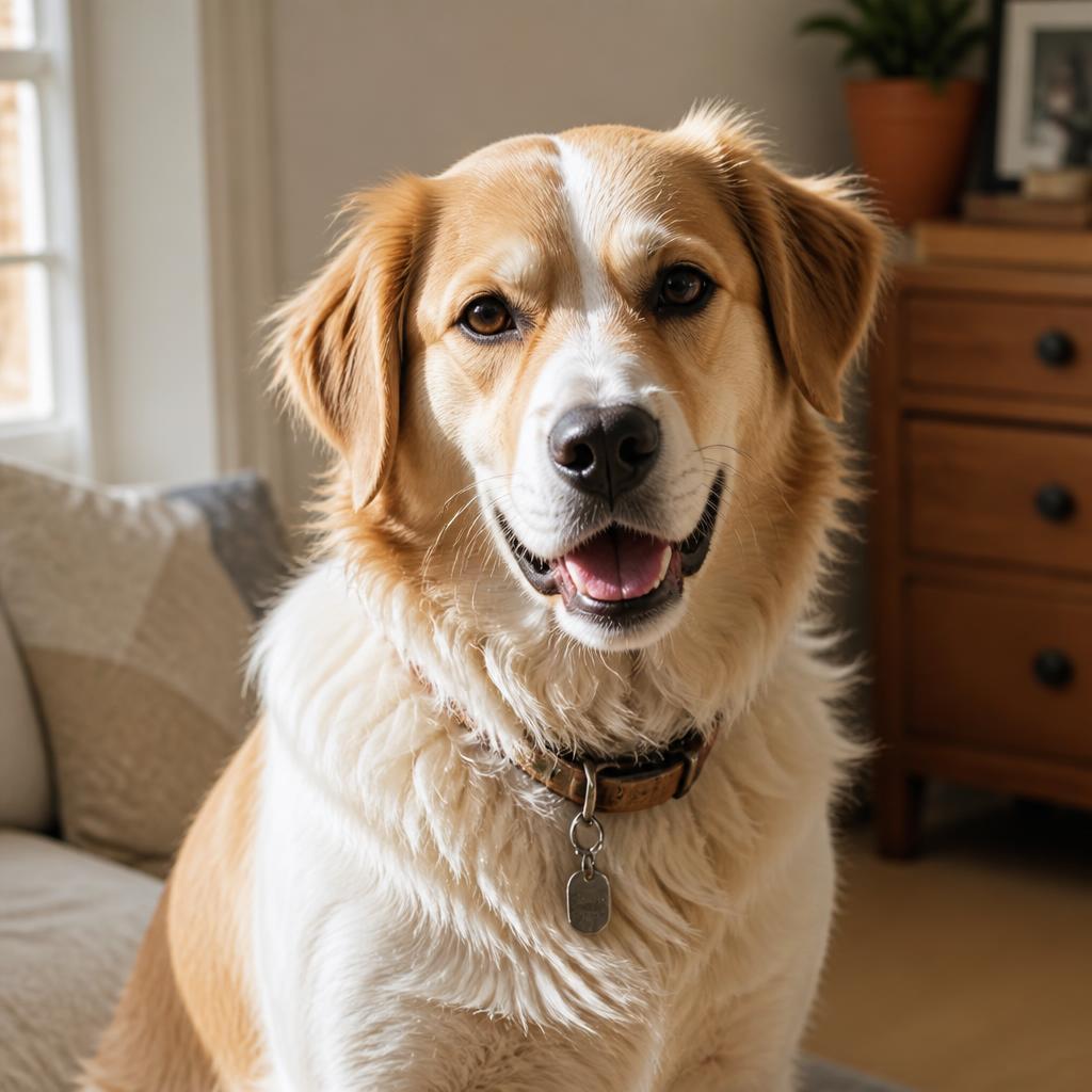 A rescue dog sitting calmly in soft window light at home