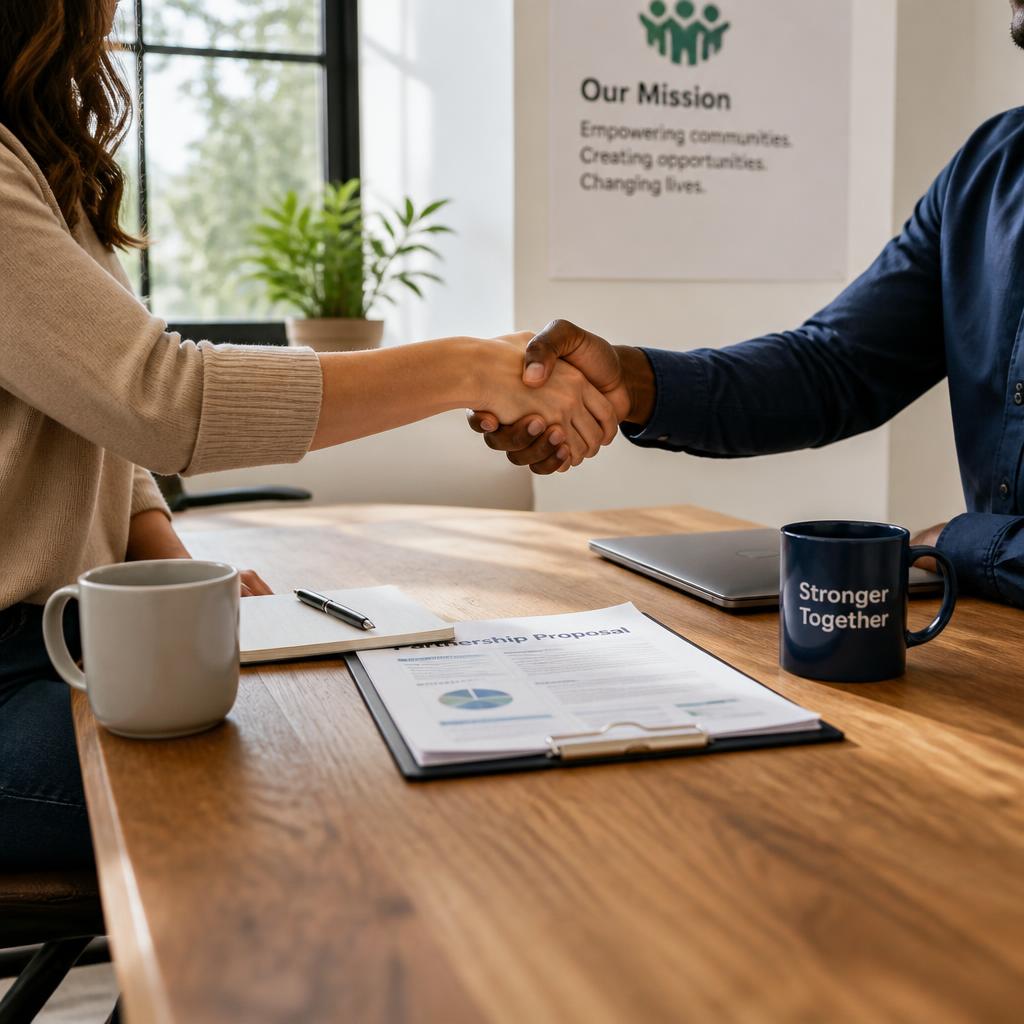 Two people shaking hands across a table during a partnership meeting