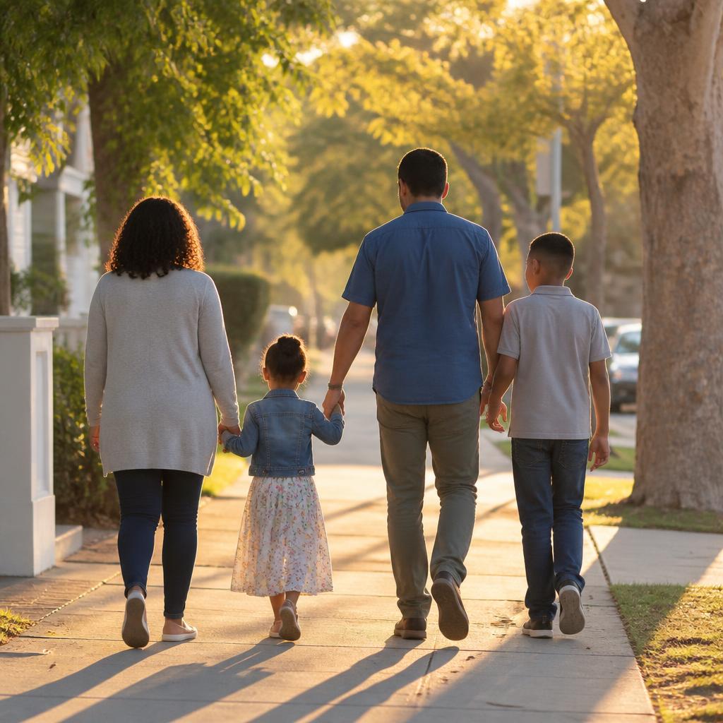 A family walking together on a tree-lined street at golden hour