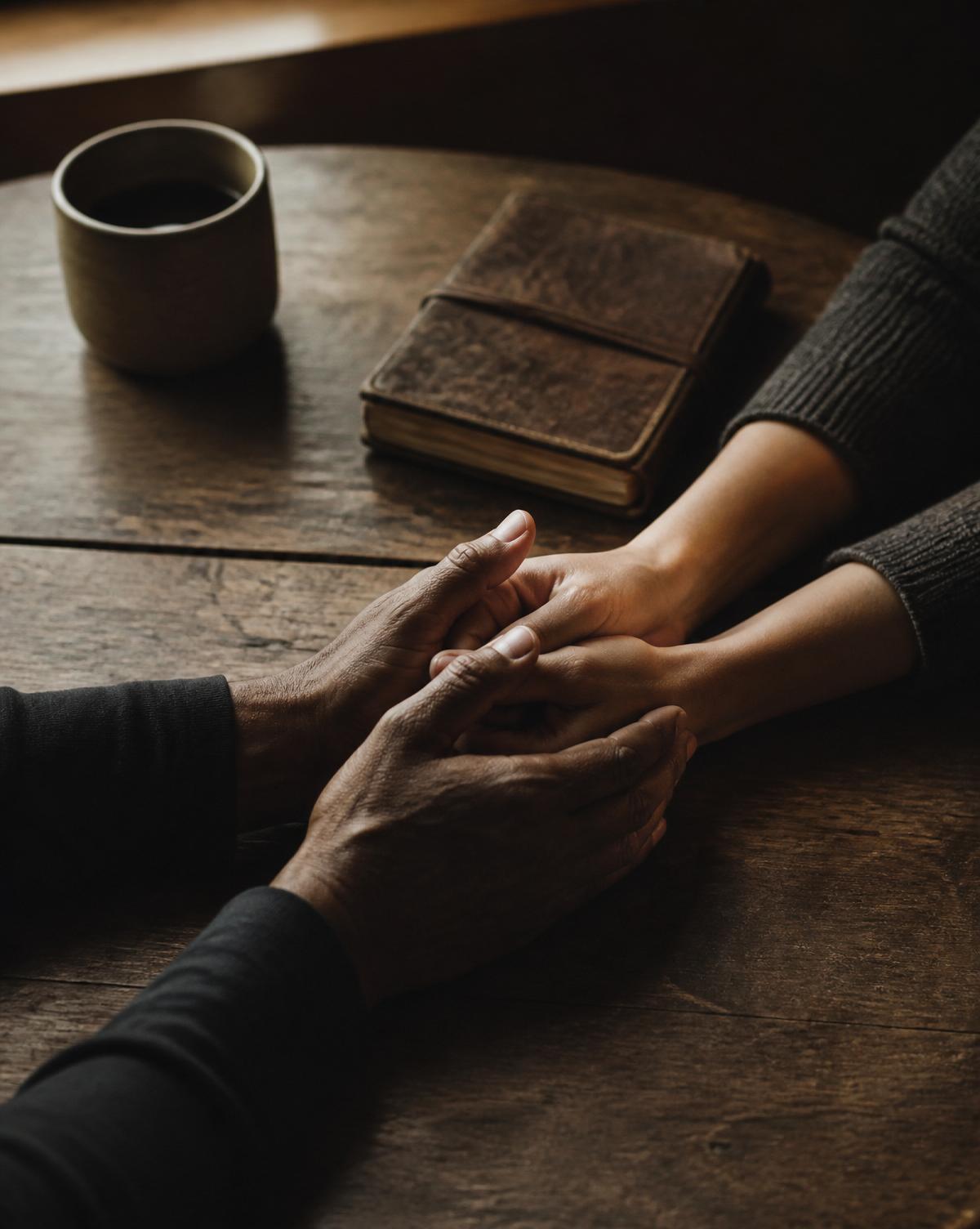 Two hands clasped together in warm light — a gesture of support